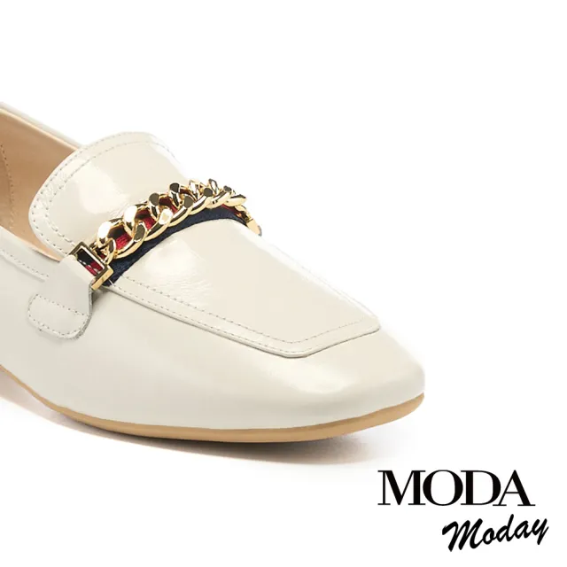 【MODA Luxury】韓系氣質鏈條全真皮方圓頭樂福低跟鞋(米白)