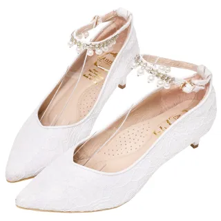 【Ann’S】珍珠美人魚-夢幻蕾絲繫帶低跟尖頭婚鞋5cm(白)