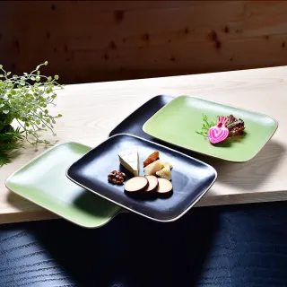 【YU Living 信歐傢居】日式和風陶瓷雙色長方餐盤四件組 盤子(四件一組/長22cm/黑色+綠色)