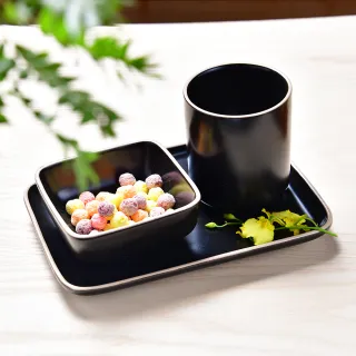 【YU Living 信歐傢居】日式和風方型陶瓷餐具三件組 杯300ml(一杯二盤/3色可遠/黑.綠.白色/餐廚用品)