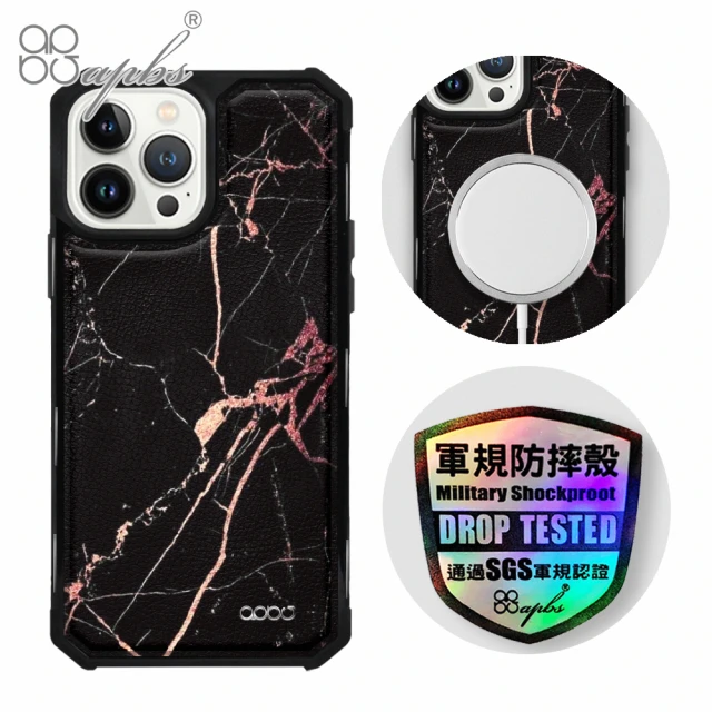 apbs iPhone 13 Pro Max / 13 Pro / 13 軍規防摔皮革磁吸手機殼(大理石黑金-黑殼)