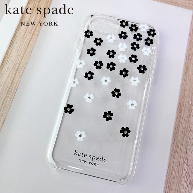 【KATE SPADE】iPhone SE3/SE2/8/7 4.7吋 手機保護殼/套(黑白小花+金色鑲鑽)