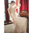 【Blue Velvet】唯美繡花格紋網紗拼接法式復古連身洋裝(卡其)