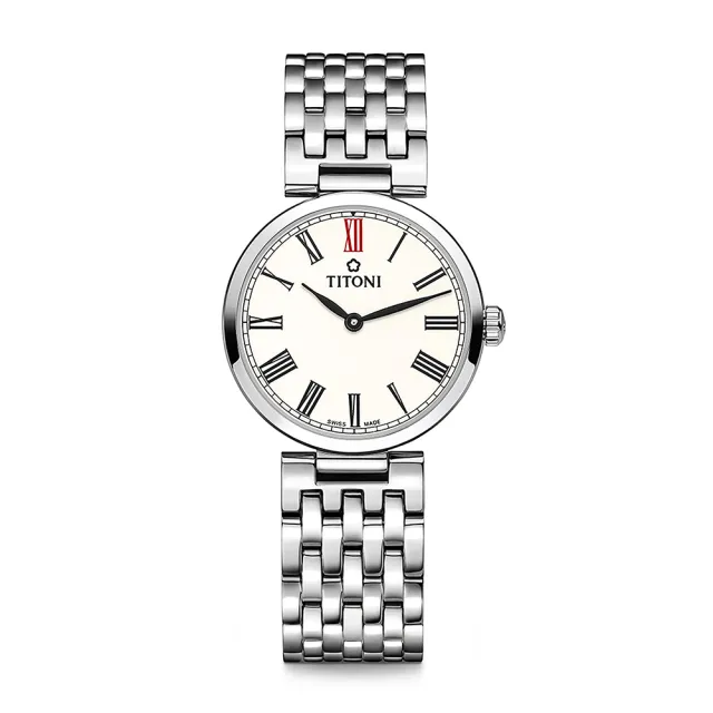 【TITONI 梅花錶】纖薄系列石英女錶-白面鍊帶/25.5mm(TQ 42718 S-608)