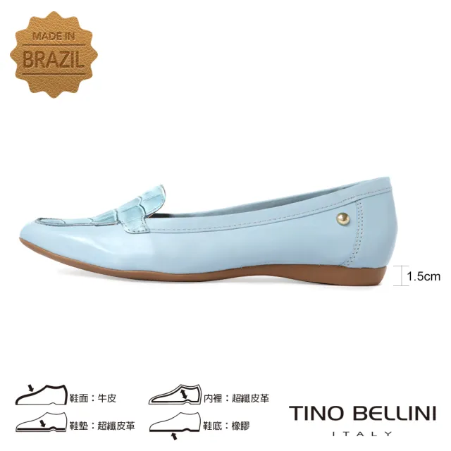 【TINO BELLINI 貝里尼】巴西進口鱷魚紋拼接牛皮微尖楦舒足平底鞋FSBT0006(淺藍)