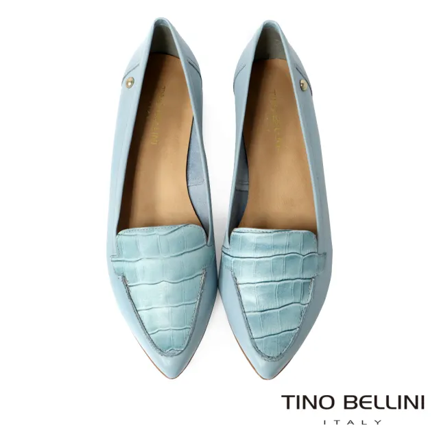 【TINO BELLINI 貝里尼】巴西進口鱷魚紋拼接牛皮微尖楦舒足平底鞋FSBT0006(淺藍)