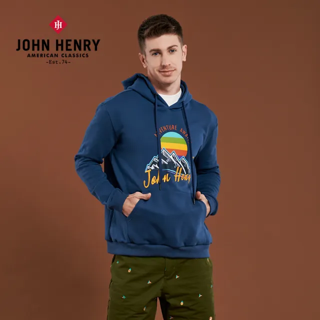 【JOHN HENRY】野營冒險刺繡純棉連帽T-藍色