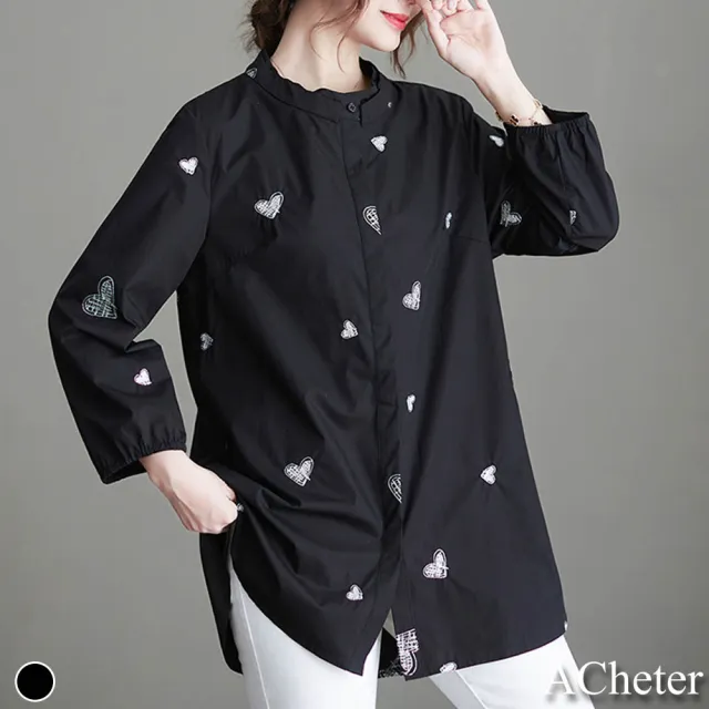 【ACheter】愛心刺繡棉麻純色舒適襯衫上衣#111823現貨+預購(黑色)