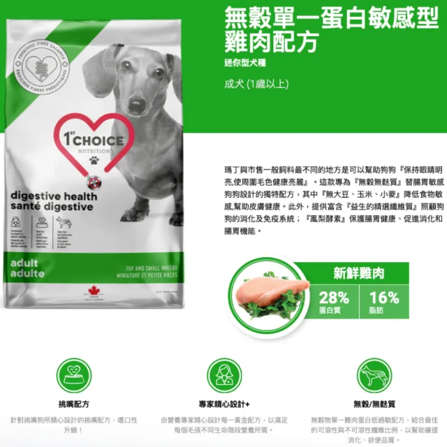 【1stChoice 瑪丁】低過敏無穀單一蛋白成犬雞肉配方  1歲以上適用/2kg(狗飼料/小顆粒/皮膚/腸胃敏感適用)