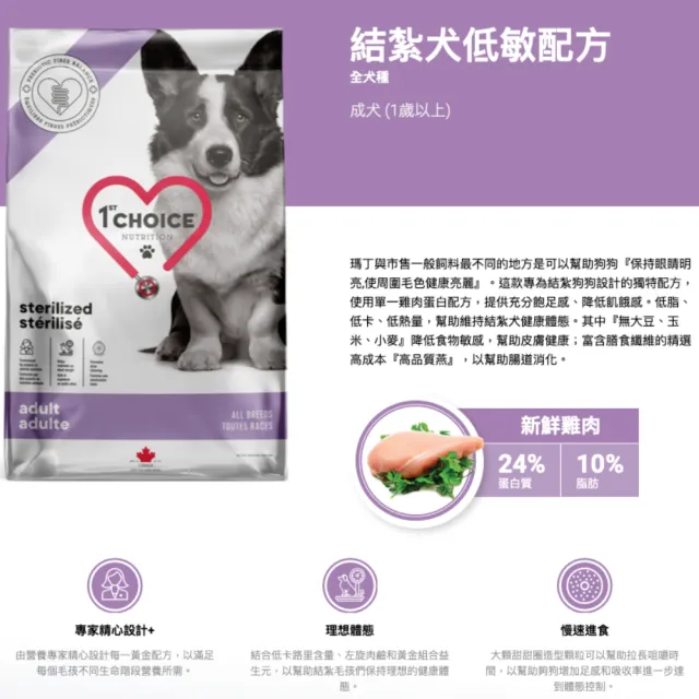 【1stChoice 瑪丁】低過敏結紮犬配方 甜甜圈大顆粒 1歲以上適用/3.2kg/7磅(狗飼料/低脂完美體態)