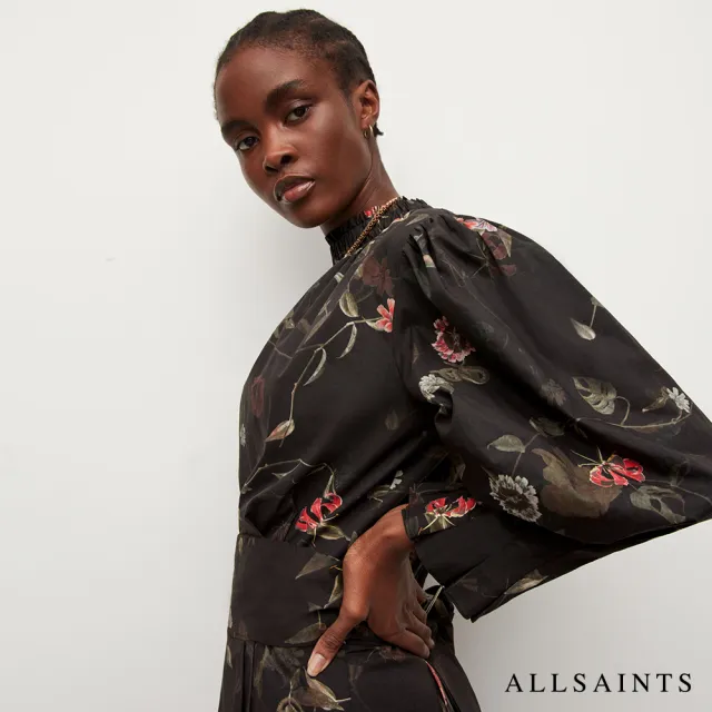 【ALLSAINTS】LUNA KANESHON 舒適純棉高領蓬鬆衣袖印花洋裝-粉(常規版型)