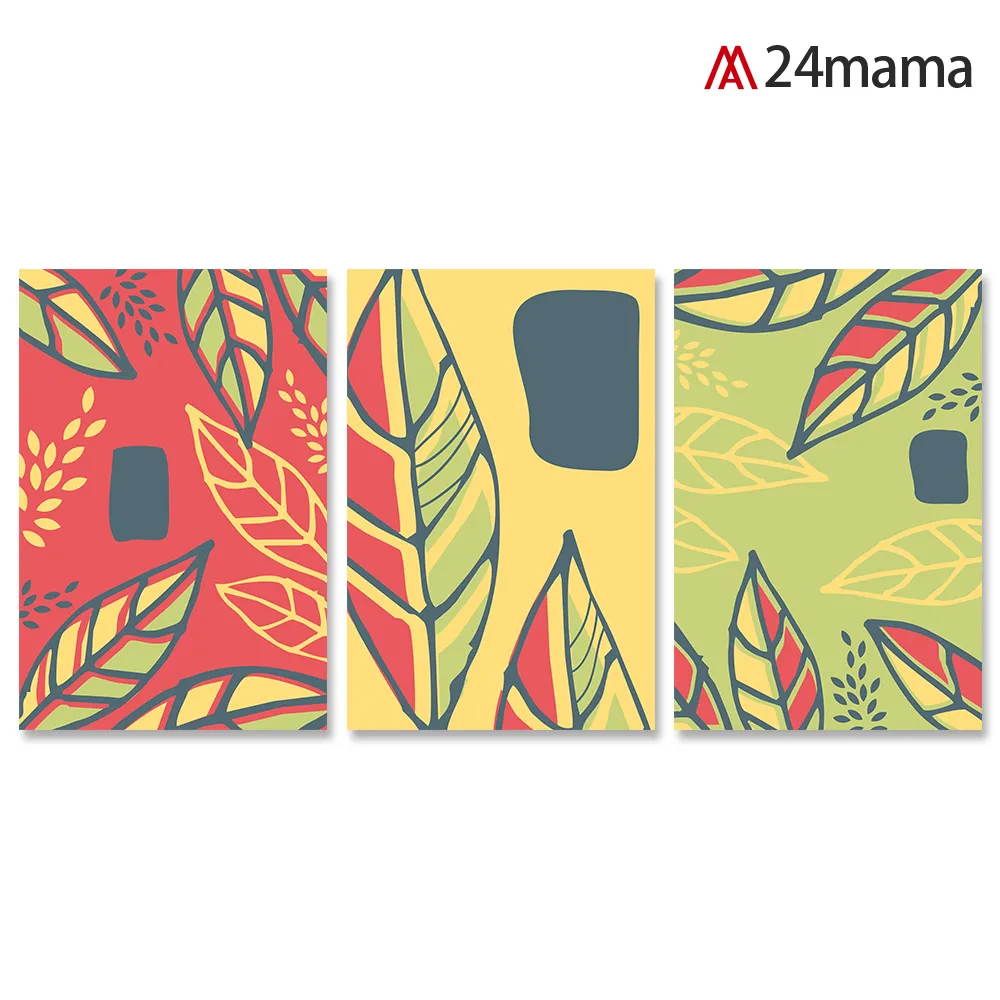 【24mama 掛畫】三聯式 油畫布 豐富 顏色 塗鴉 現代 葉子 華麗 風格 插圖 無框畫-40x60cm(創意藝術)