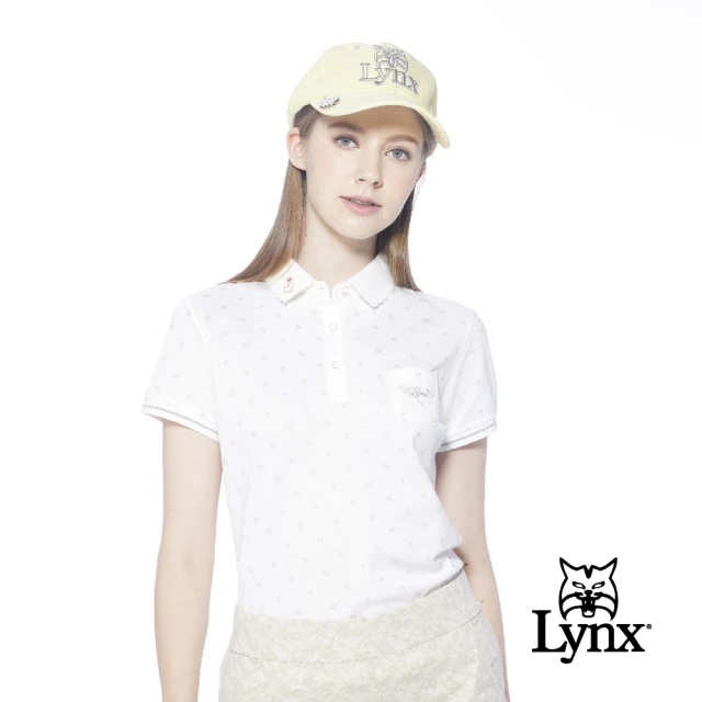 【Lynx Golf】女款吸排抗UV涼感小胸袋Lynx字樣印花短袖POLO衫/高爾夫球衫(白色)