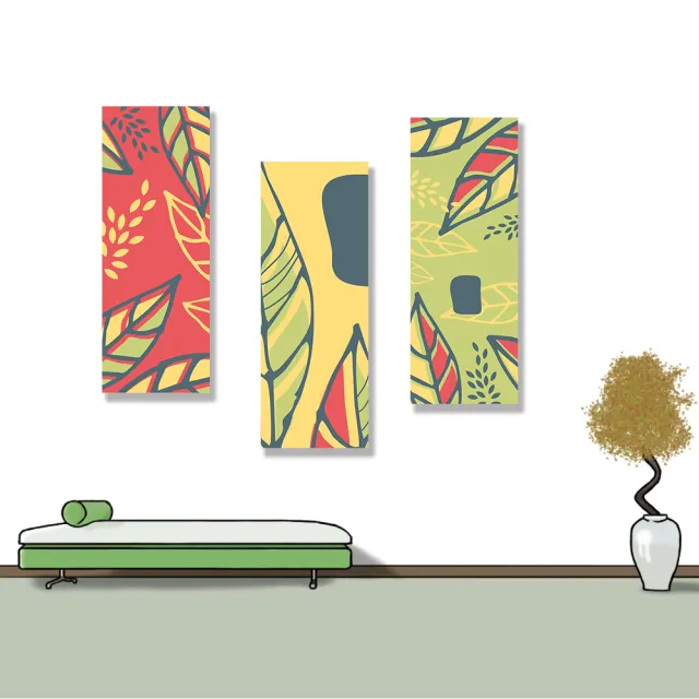 【24mama 掛畫】三聯式 油畫布 豐富 顏色 塗鴉 現代 葉子 華麗 風格 插圖 無框畫-30x80cm(創意藝術)