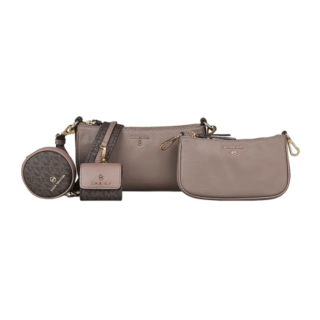 【Michael Kors】MICHAEL KORS JET SET金字LOGO尼龍拉鍊4合1斜背子母包(沙丘褐x深褐)