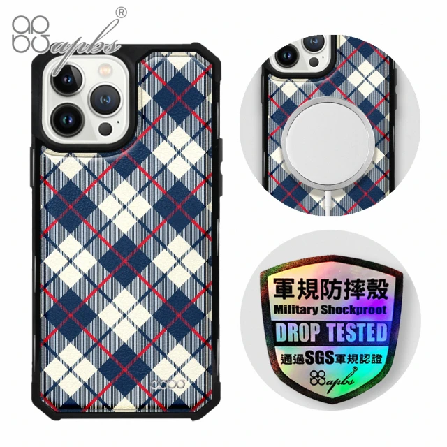 apbs iPhone 13 Pro Max / 13 Pro / 13 軍規防摔皮革磁吸手機殼(蘇格蘭紋藍-黑殼)