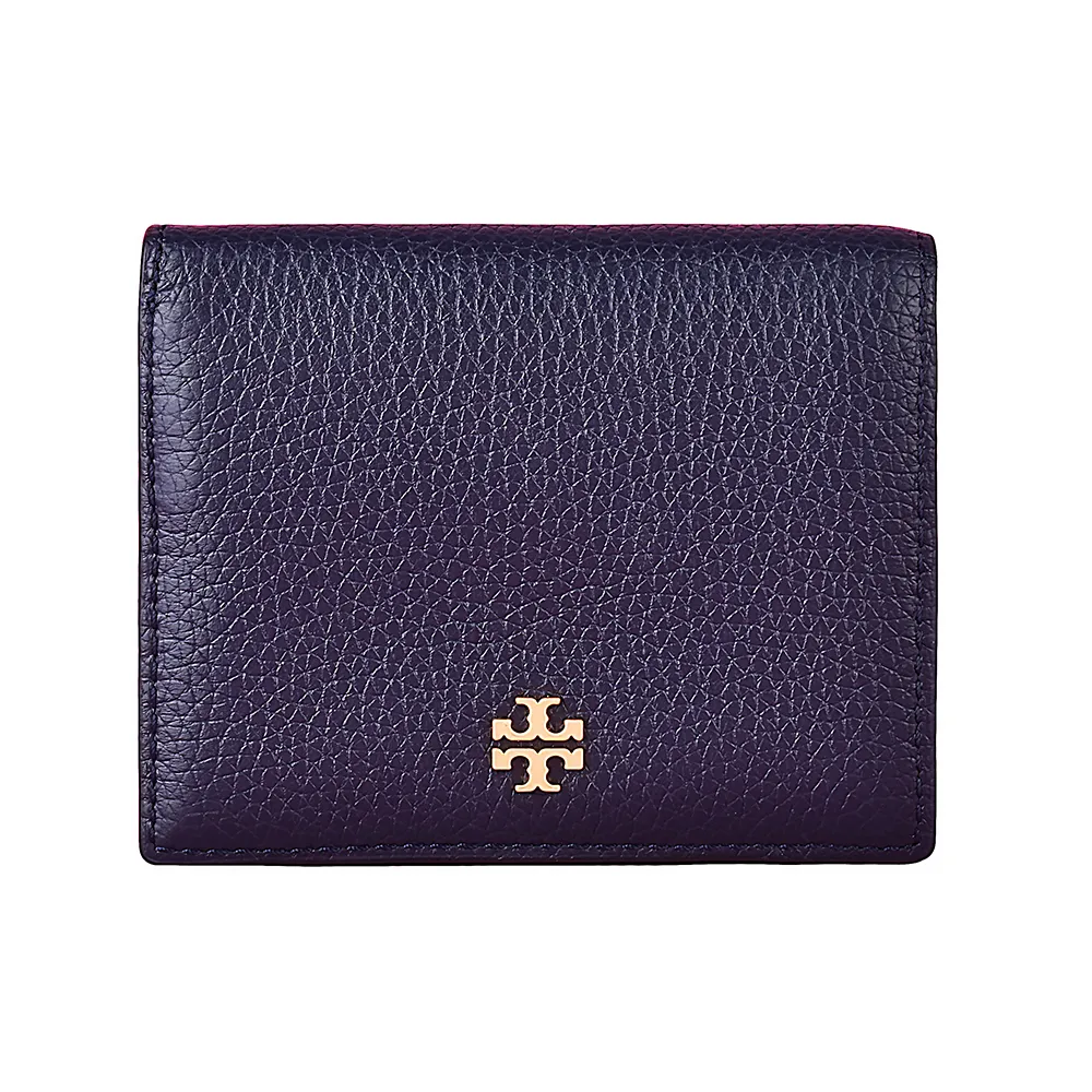 【TORY BURCH】TORY BURCH 雙T金字LOGO荔枝紋牛皮3卡壓扣式短夾(海軍藍x綠)