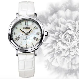 【SEIKO 精工】LUKIA25週年紀念 珍珠母貝美鑽淑女機械腕錶-白34.8mm(SPB133J1/6R35-00N0W 鱷魚皮錶帶)