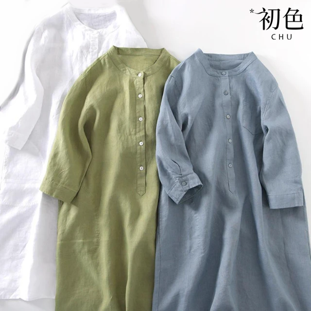 【初色】亞麻風純色休閒襯衫連身裙洋裝-共3色-60671(M-2XL可選)