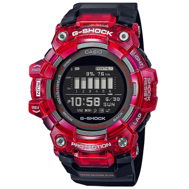 【CASIO 卡西歐】G-SHOCK 跑步好夥伴計步藍芽運動電子錶-透明紅(GBD-100SM-4A1)