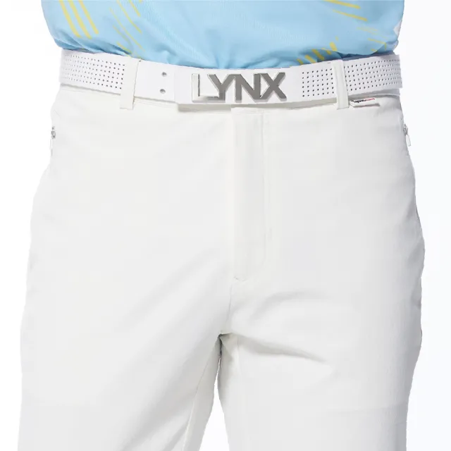 【Lynx Golf】男款日本進口布料拉鍊口袋設計後袋配布剪接平口休閒長褲(白色)