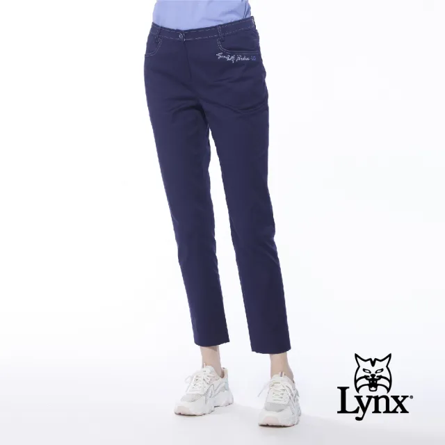 【Lynx Golf】女款彈性舒適格紋配布D型環設計窄管九分褲(深紫色)