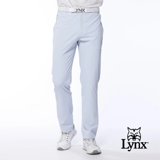 Lynx Golf 男款日本進口布料拉鍊口袋設計後袋配布剪接平口休閒長褲(淺藍色)