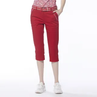 【Lynx Golf】女款彈性舒適造型織帶褲腳開衩設計窄管七分褲(紅色)