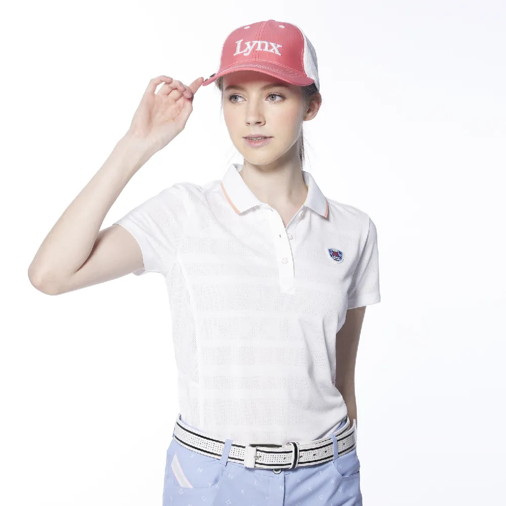 【Lynx Golf】女款吸汗速乾合身版MESH緹花設計短袖POLO衫/高爾夫球衫(白色)