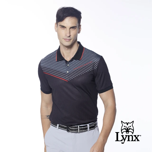 Lynx Golf 男款涼感舒適合身版Mesh透氣半身簡約線條短袖POLO衫/高爾夫球衫(黑色)