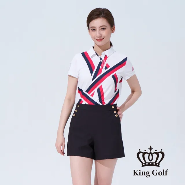 【KING GOLF】網路獨賣款-速達-女款撞色賽車條紋印圖刺繡短袖POLO衫(白色)