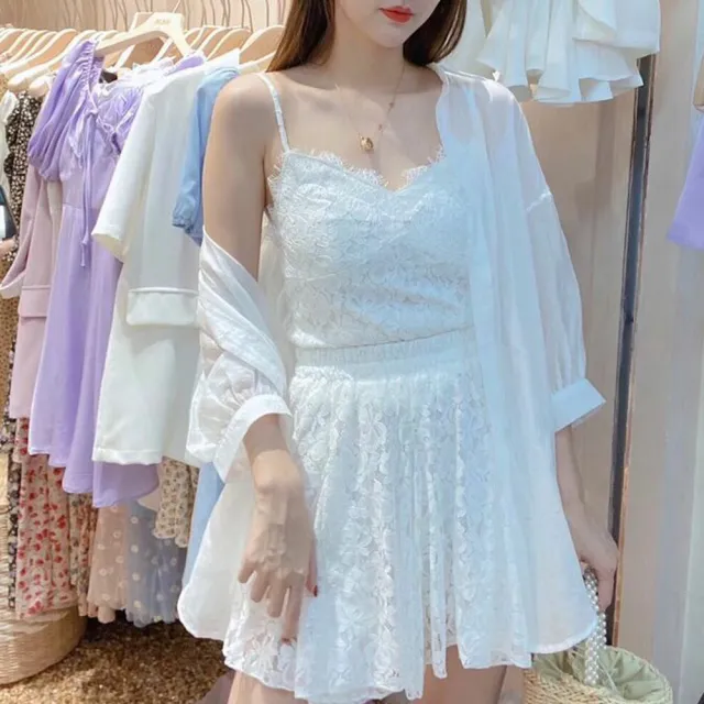 【BBHONEY】韓國重工設計珍珠水鑽裝飾三件式套裝防曬罩衫蕾絲吊帶褲裙(網美必備款)