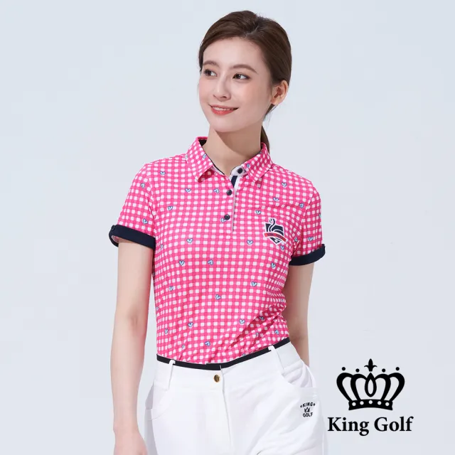 【KING GOLF】網路獨賣款-速達-女款格紋印圖火鶴刺繡撞色短袖POLO衫(桃紅)