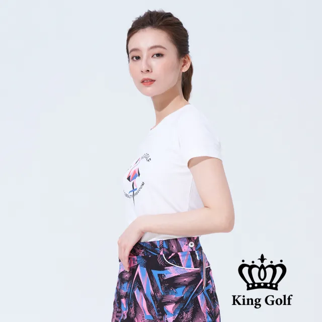 【KING GOLF】網路獨賣款-速達-女款趣味火鶴印圖造型上衣(白色)