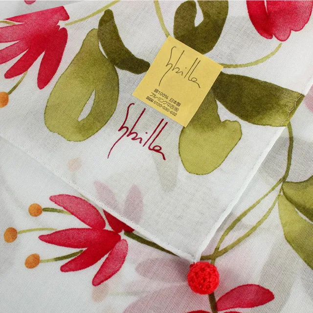 【Sybilla】清新手繪花朵純綿方巾手帕領巾(紅花/淺藍色)