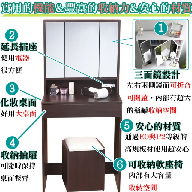 【C&B】時尚黛薇日式三面鏡化妝桌椅組合(三色可選)