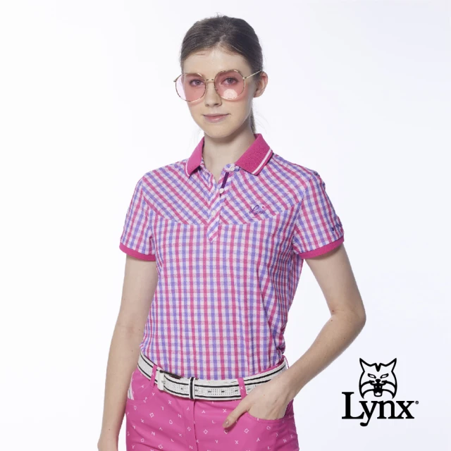 【Lynx Golf】女款吸濕排汗蛀蟲紗羅紋領滿版格紋短袖POLO衫/高爾夫球衫(桃紫色)