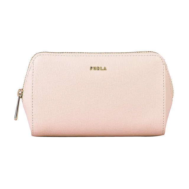 【FURLA 芙拉】FURLA  Electra金字LOGO牛皮拉鍊化妝包(糖醬白)