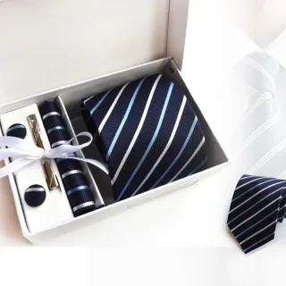【THE GENTRY 紳】時尚紳士男性領帶六件禮盒套組-斜紋藍白三色款(精美禮盒裝-送禮、禮物)