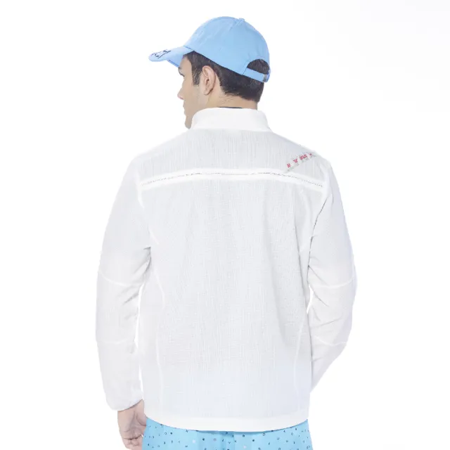 【Lynx Golf】男款吸排透氣易溶紗材質3M反光印花隱形拉鍊口袋長袖外套(白色)