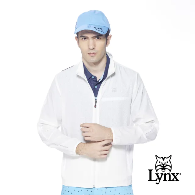 【Lynx Golf】男款吸排透氣易溶紗材質3M反光印花隱形拉鍊口袋長袖外套(白色)