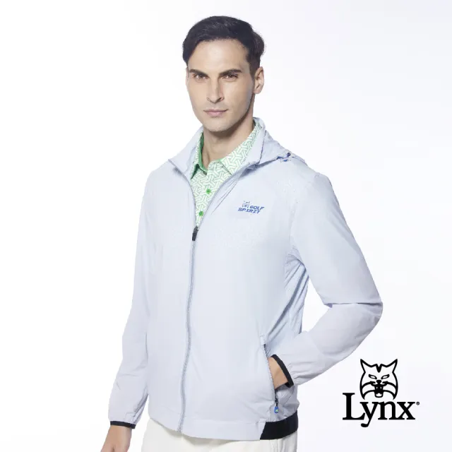 【Lynx Golf】男款輕量透氣LOGO鬆緊帶設計拉鍊口袋連帽可拆式長袖外套(淺灰色)