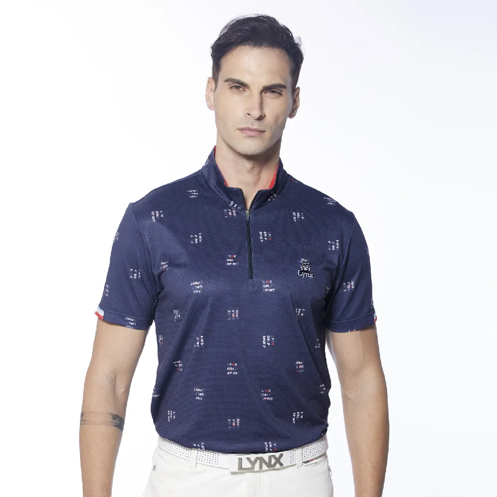 【Lynx Golf】男款吸汗速乾合身版水波紋袖口造型設計短袖立領POLO衫/高爾夫球衫(深藍色)