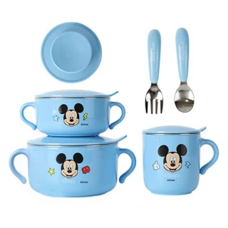 【優貝選】迪士尼 兒童餐具六件套組-不鏽鋼密封餐碗 不鏽鋼水杯 不鏽鋼叉匙(平輸品)