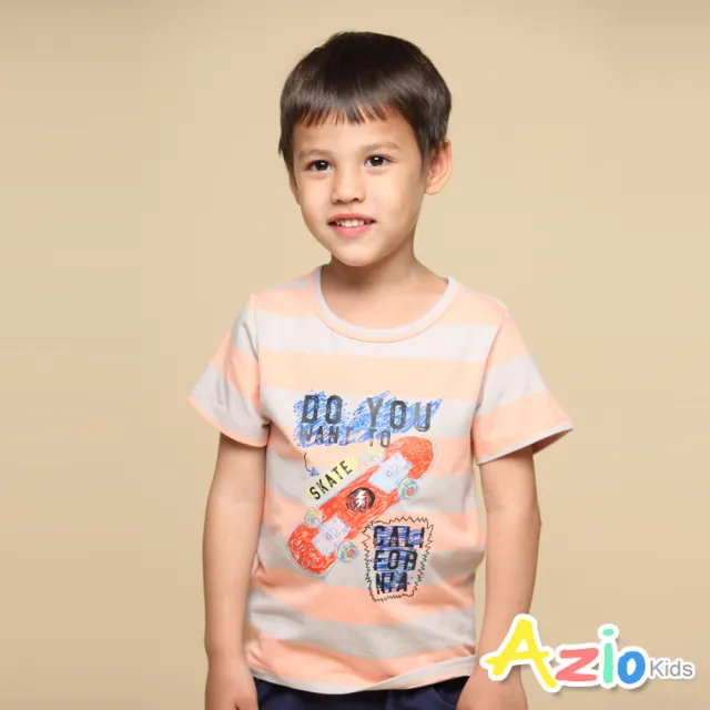 【Azio Kids 美國派】男童 上衣 手繪滑板印花寬條配色短袖上衣T恤(粉)