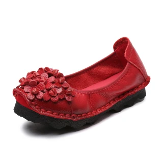 【Vecchio】真皮鞋 牛皮鞋 手工鞋/頭層牛皮朵朵花兒手工編花軟底單鞋(紅)