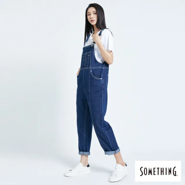 【SOMETHING】女裝 NEO FIT個性寬鬆吊帶長褲(酵洗藍)