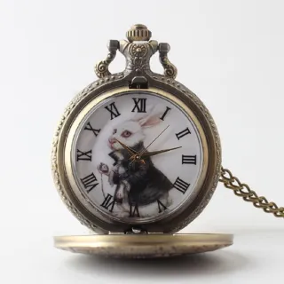 【時光旅人】不思議之國兔子先生造型復古翻蓋懷錶/項鍊 附盒裝 生日 送禮 禮物