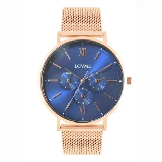 【LOVME】1089系列三眼米蘭錶帶禮盒時尚手錶-IP玫x藍/41mm(VM1089M-44-L41-3)