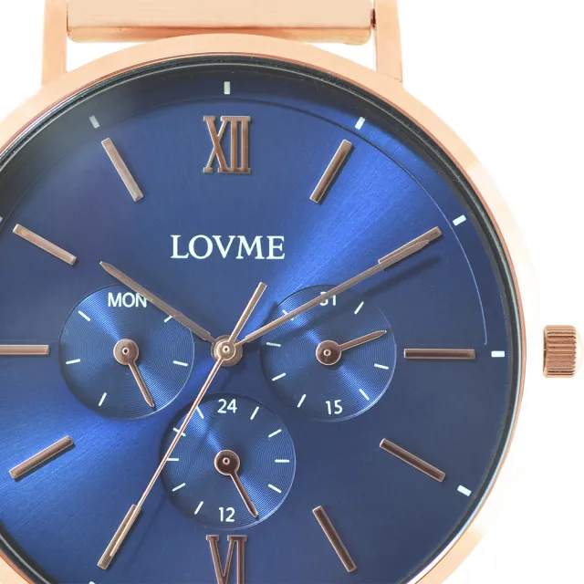 【LOVME】1089系列三眼米蘭錶帶禮盒時尚手錶-IP玫x藍/41mm(VM1089M-44-L41-3)